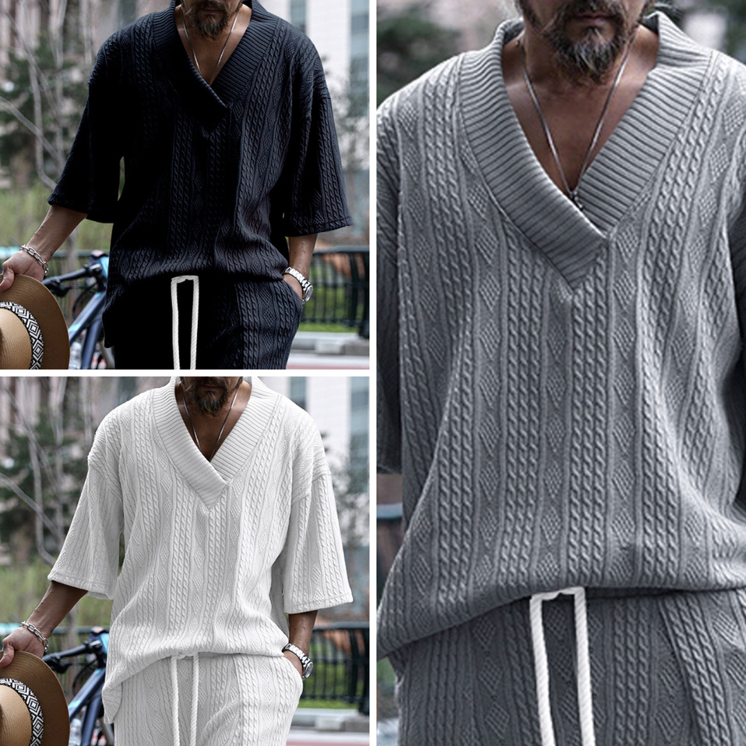 Men's Cotton V-Neck T-Shirt and Drawstring Pants Set